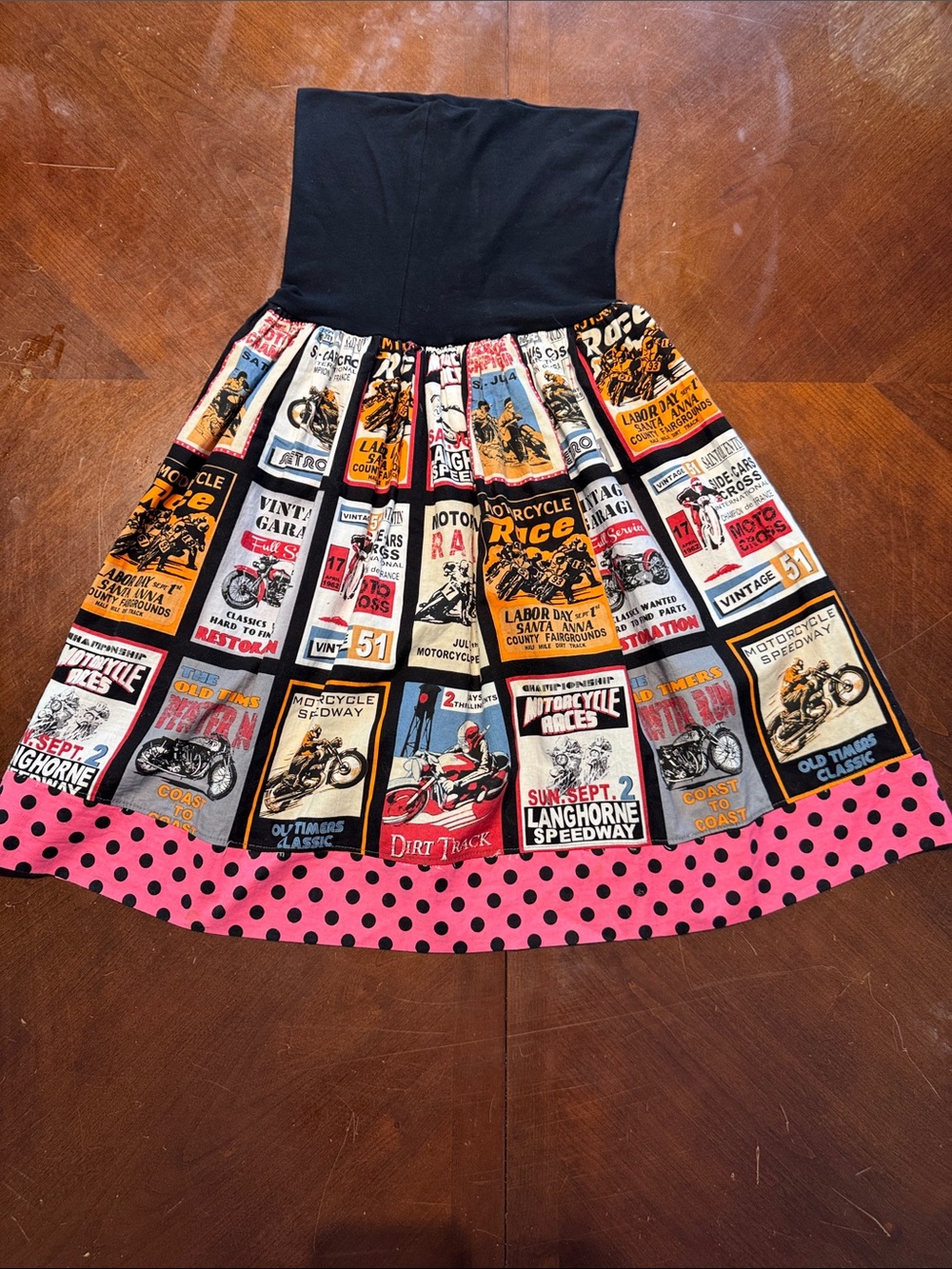 Black Waist Motorcycle Poster Print Circle Skirt with Pink Polka Trim